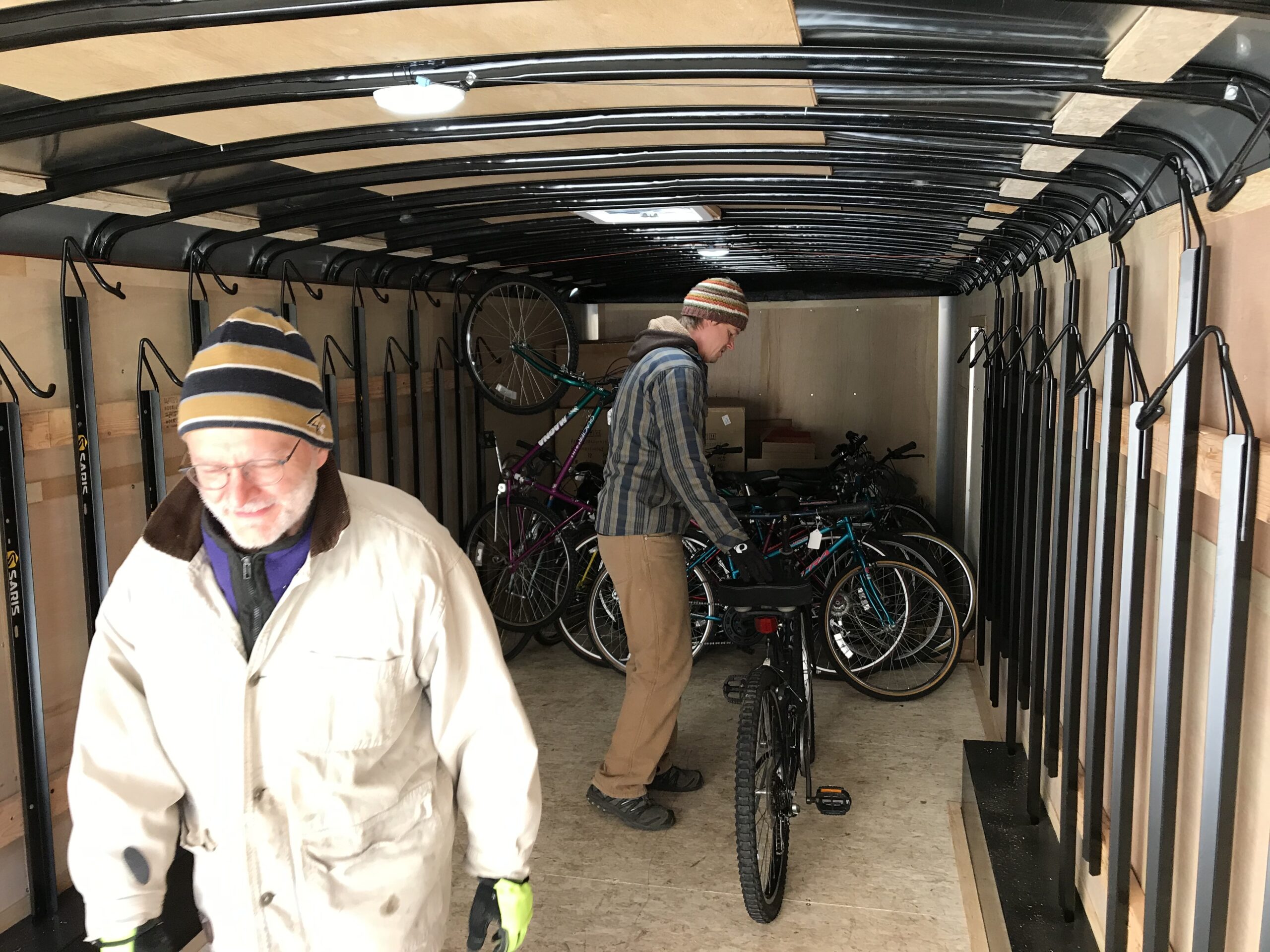 A view inside of the BikeMN trailer, showing bikes carefully loaded for the Adult Learn to Ride Program