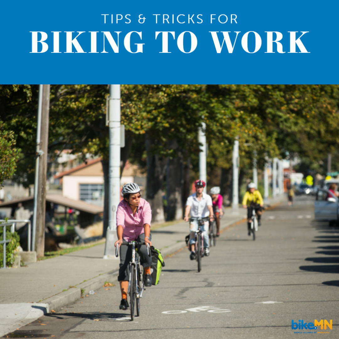 A graphic with a photo of five people riding bikes in a bike lane with the title "Tips and Tricks for Biking to Work"